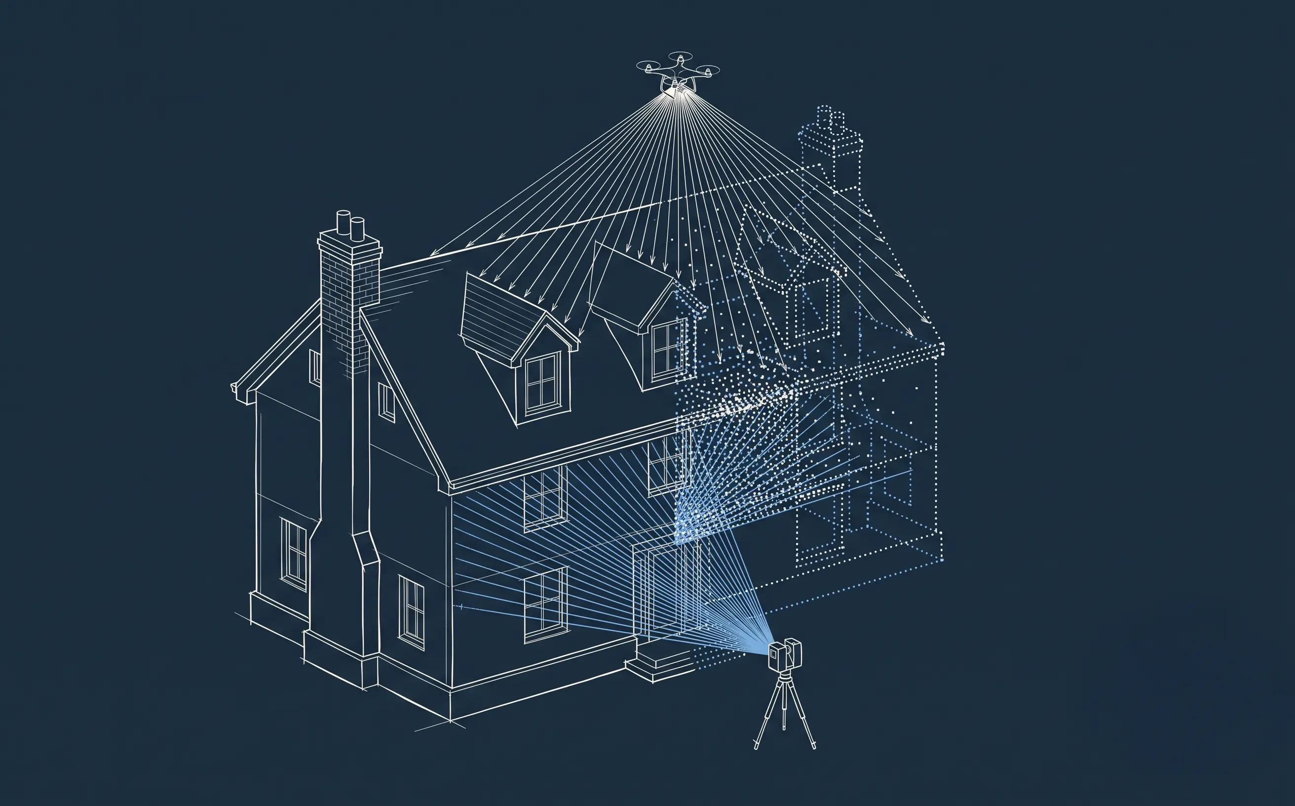 Isometrische Zeichnung eines Wohnhauses: eine Drohne tastet Dach und Fassade von oben ab, ein Laserscanner auf dem Stativ die Gebäudeseite — die rechte Haushälfte ist bereits als Punktwolke dargestellt.