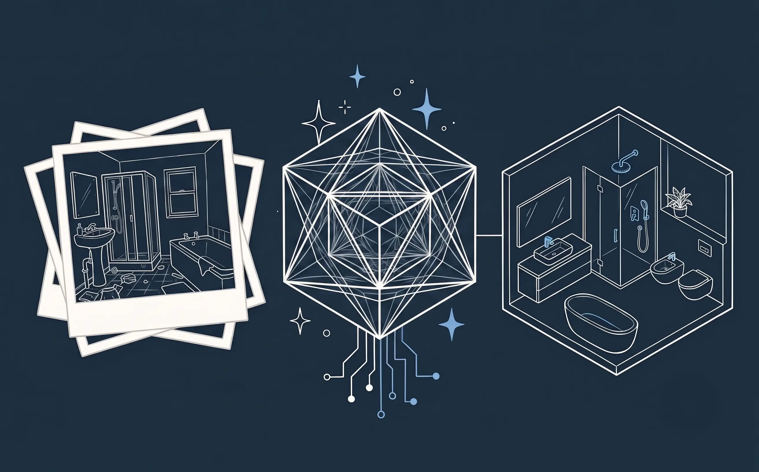 Drei Schritte nebeneinander: Fotos eines alten Bads, ein KI-Modell als geometrischer Körper und daraus die Visualisierung des fertigen neuen Bads.